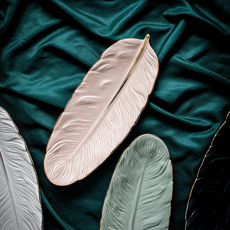 10inch Ceramic Feather Shape  Plate Gold Porcelain Dessert Jewelry Plates Dish Dinnerware Sushi Tableware Storage Tray