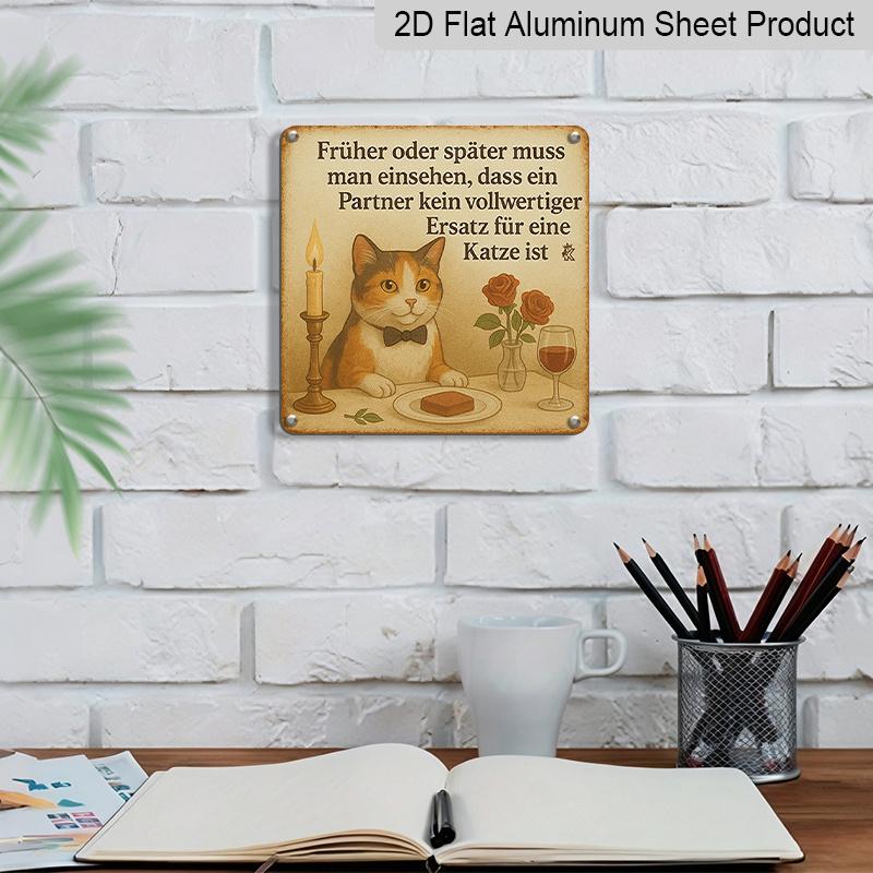 2D Flat, 1pc, Cat Lover Decor, Funny Cat Sign, Vintage Aluminium Sign, Home Wall Art, A Partner Is No Substitute for A Cat, Humorous Cat & Wine Sign
