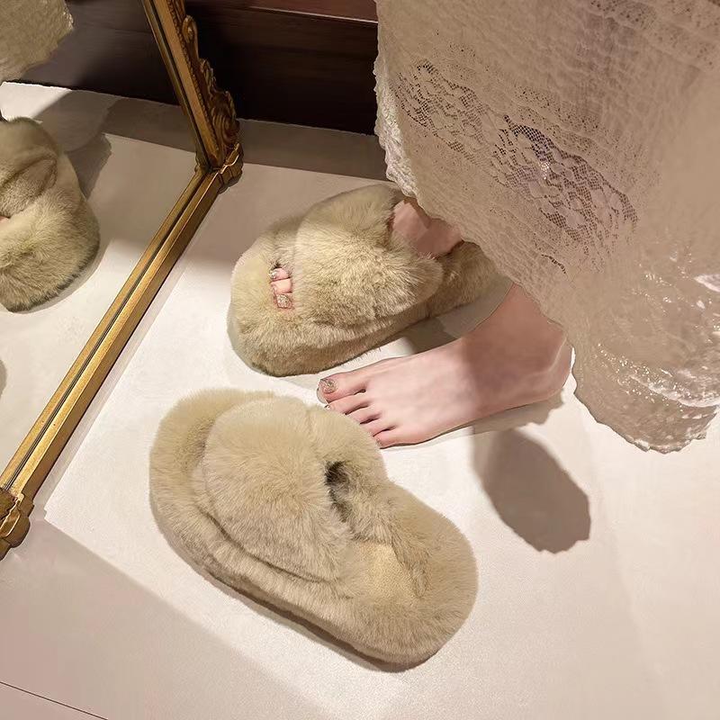Mao Mao slippers women's new high-end outdoor wear versatile autumn and winter one-word thick-bottomed cotton slippers