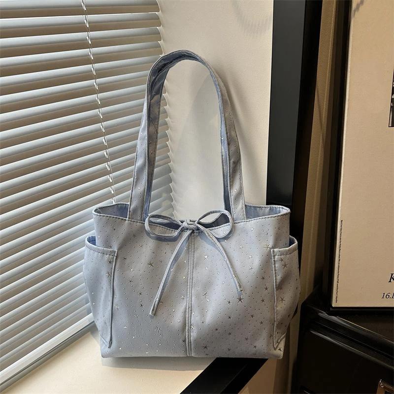 Light Blue Tote Bag With Glitter Star Pattern Bow Decor Multi Pockets For School Shopping Daily Outings Travel