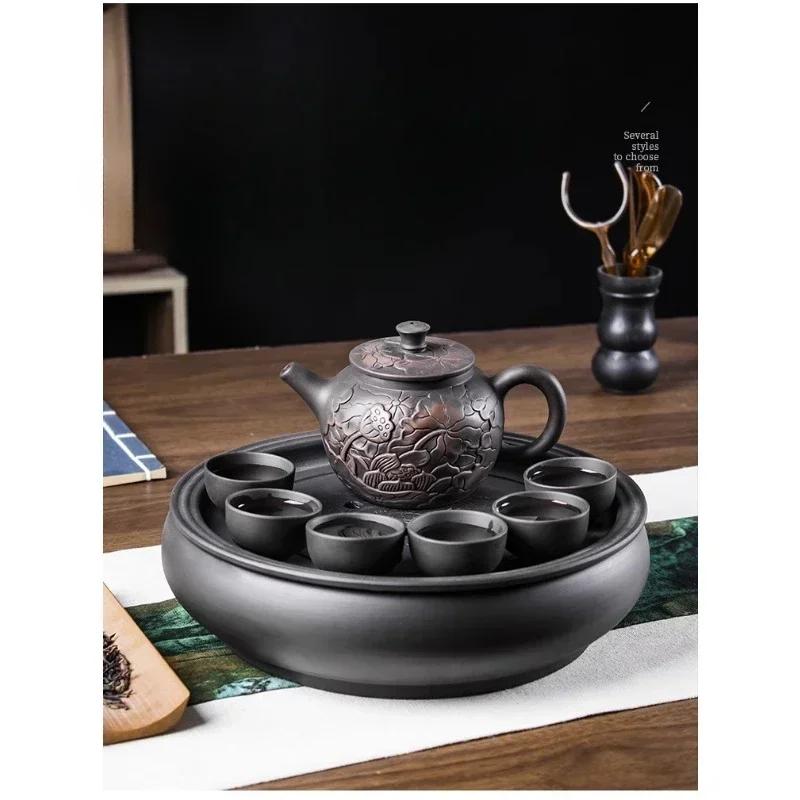 Yixing Tea Pot Purple Sand Tea Pot Beauty Pot Black Mud Handmade Carving Lotus Rhyme Illustration Household Handmade Tea Set