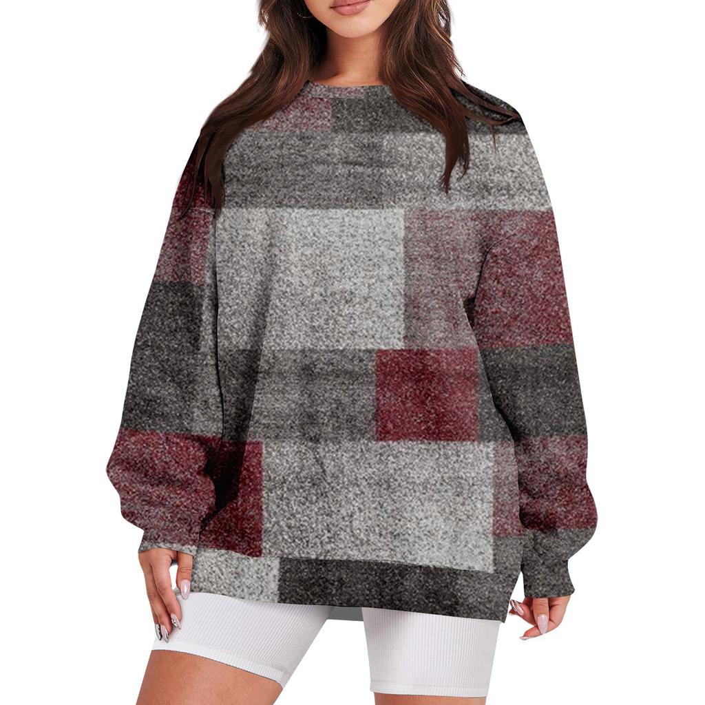 Damen Casual Print Rundhals Lose Langarm Sweatshirt Top Mit Tasche