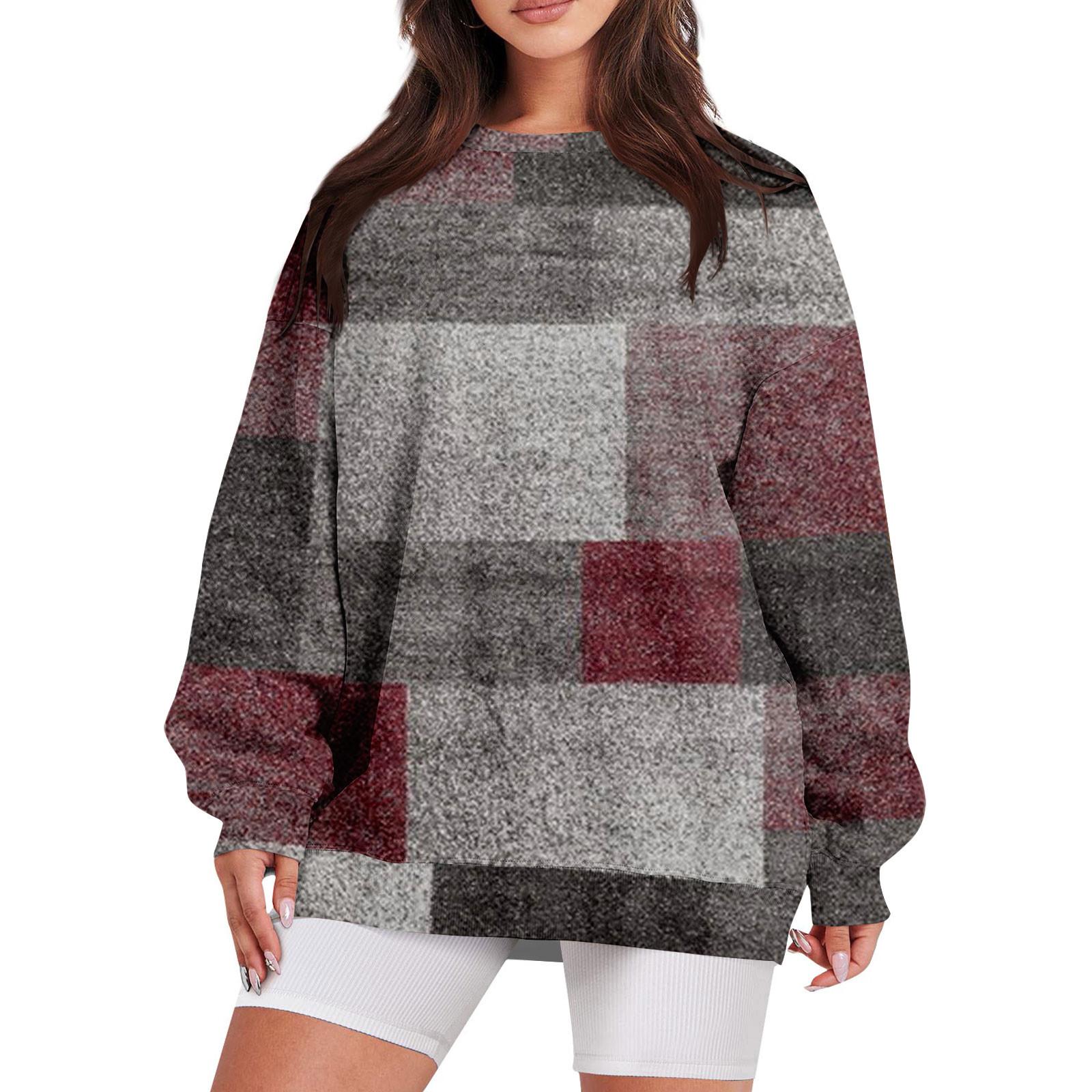 

Женский повседневный свободный свитер с круглым вырезом и длинными рукавами с принтом и карманом XL винный