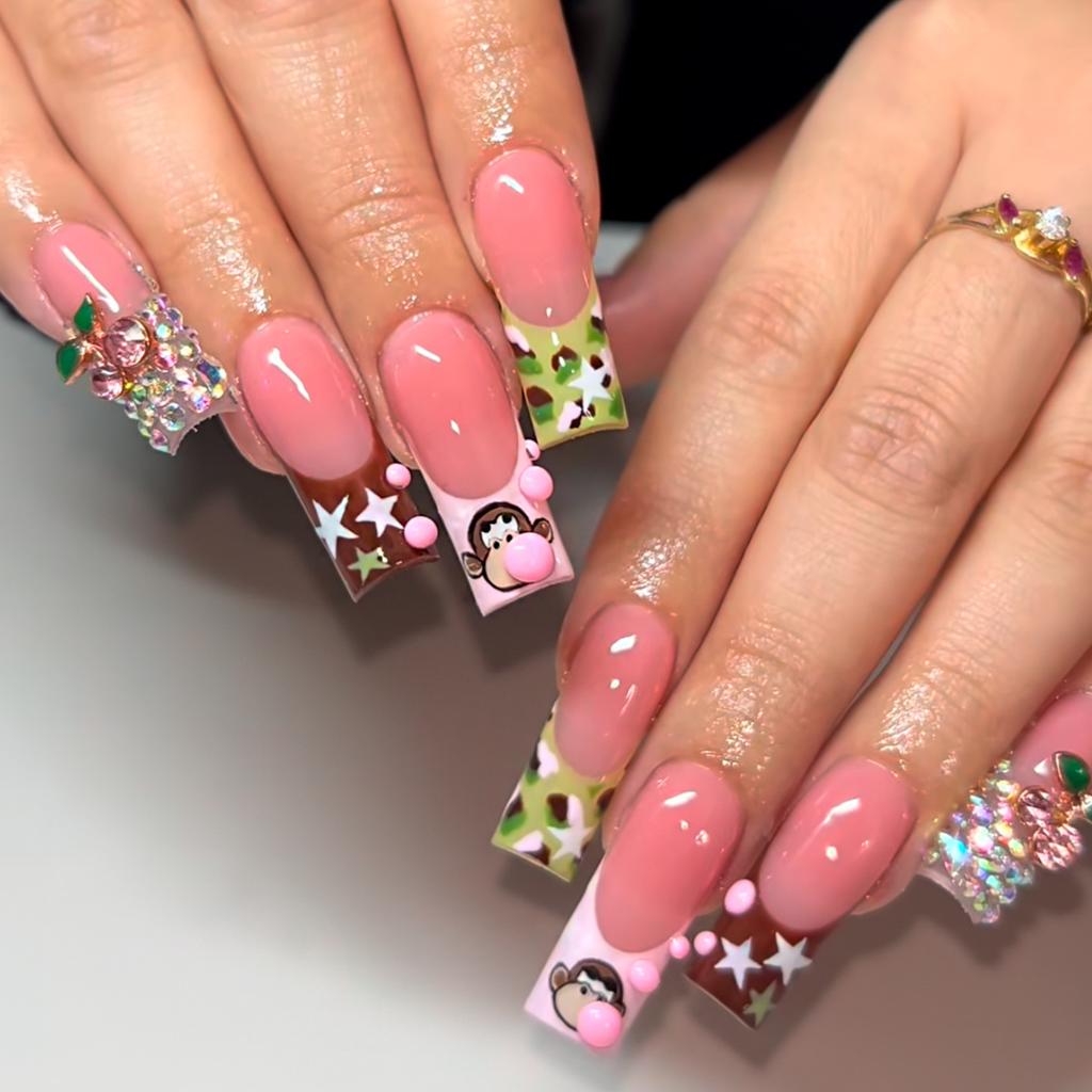 24pcs Y2K Sweet Stars Press On Nails Blue Brown Stripes French False Nails Wave Point Designs Autumn Vintage Fake Nail