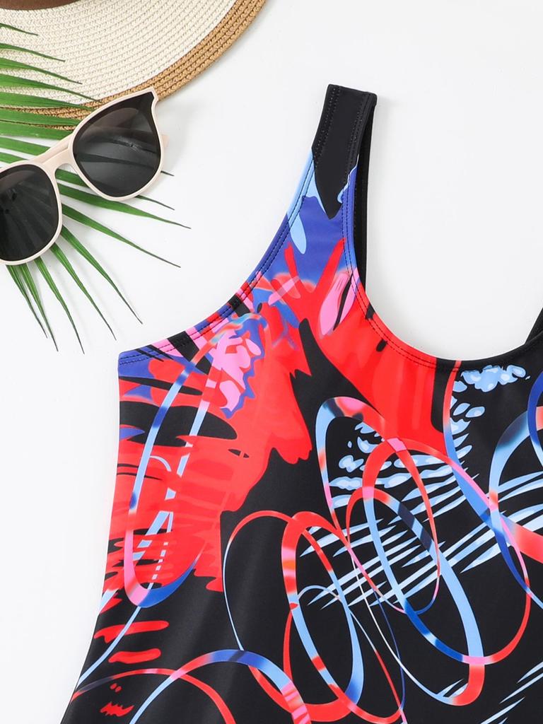 2026 Women's Sporty One-Piece Boyshort Swimsuit - European & American Printed Edition, Conservative Beach Swimwear