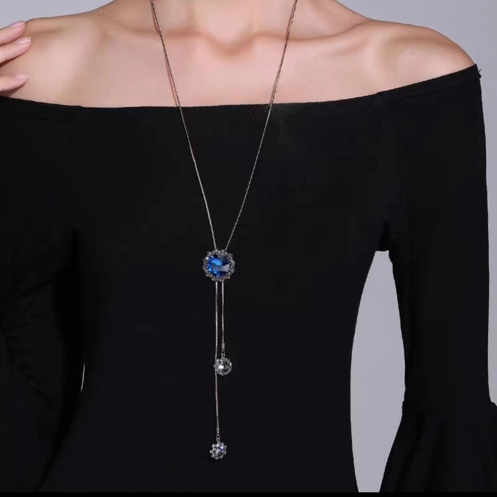 Fashion European and American Blue Crystal Sweater Chain Women's High-end Long Necklace Simple and Versatile Autumn and Winter Pendant