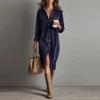 Vintage Women's Dress Spring Summer Office Lady Solid Corduroy Long Sleeve Lapel Shirt Loose Maxi Dresses for Women
