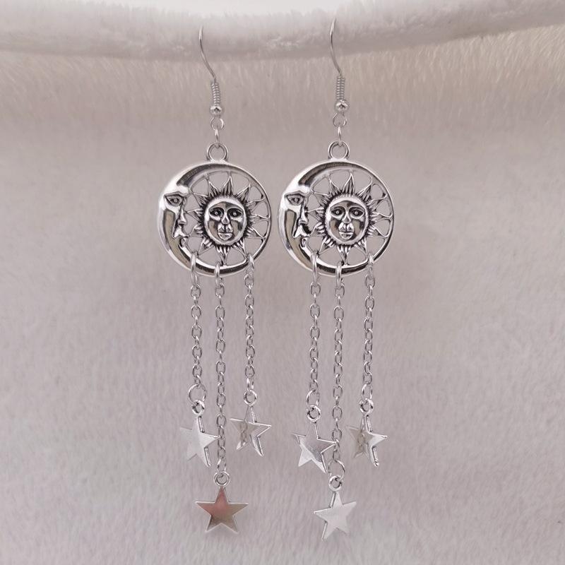 Handmade SUN MOON AND STAR Drop Earrings CELESTIAL Tibetan Silver Color Gift Wicca Pagan Crescent Moon Earrings