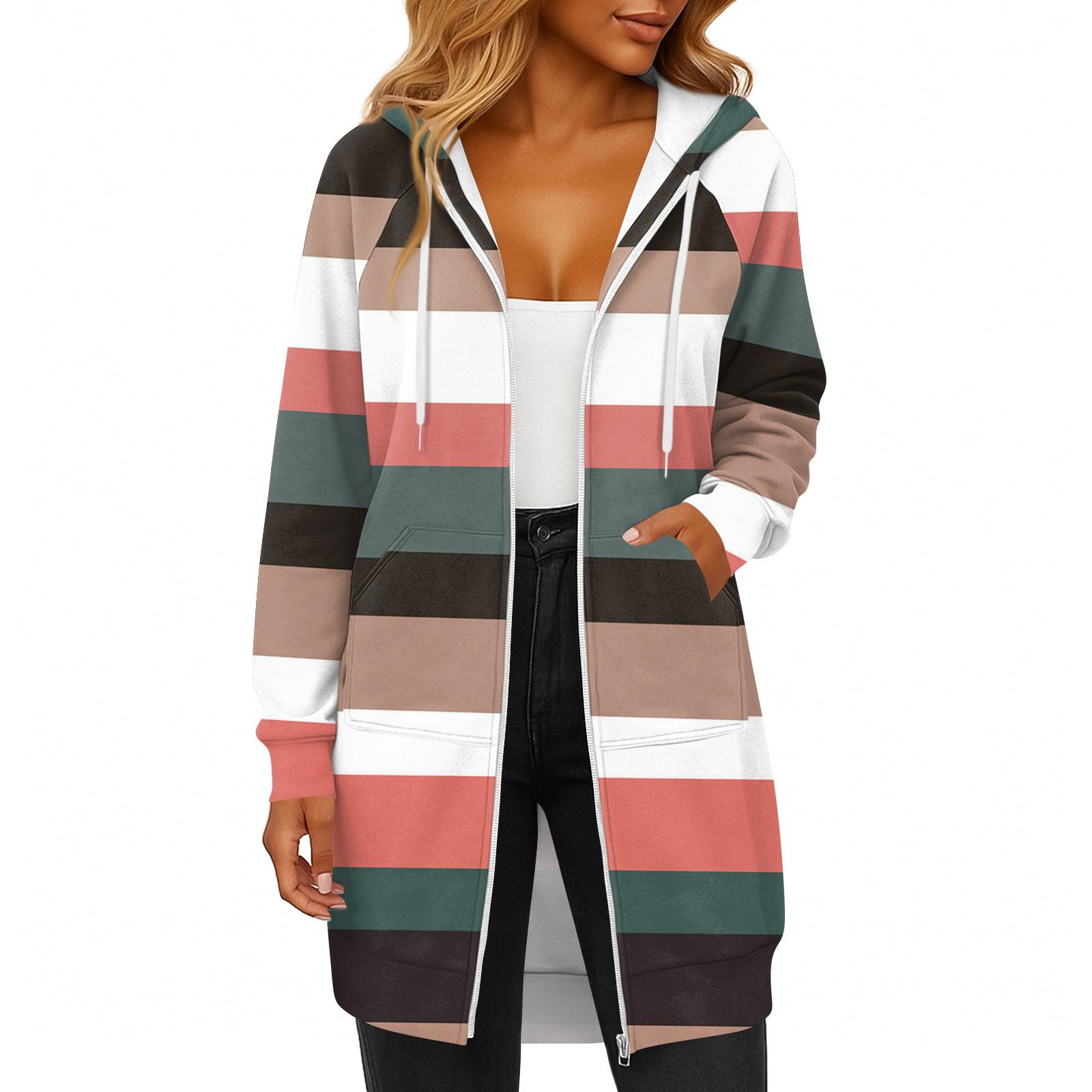 

Женская модная полосатая с принтом толстовка с длинным рукавом, капюшоном на шнурке, карманом на молнии, длинная повседневная куртка-свитшот S