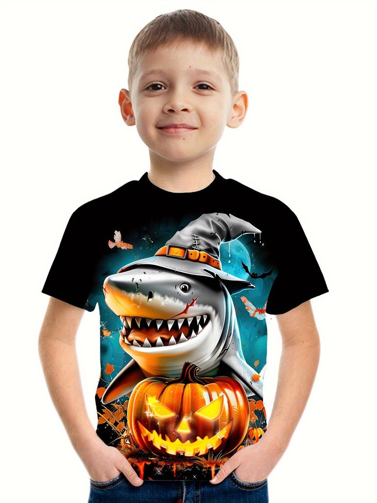 Ubrania Dziecięce Chłopięce Halloween Rekin Dynia Nadruk Chłopięcy T-shirt Krótki Rękaw Kreskówkowy Graficzny T-shirty O-Neck Odzież Dziecięca