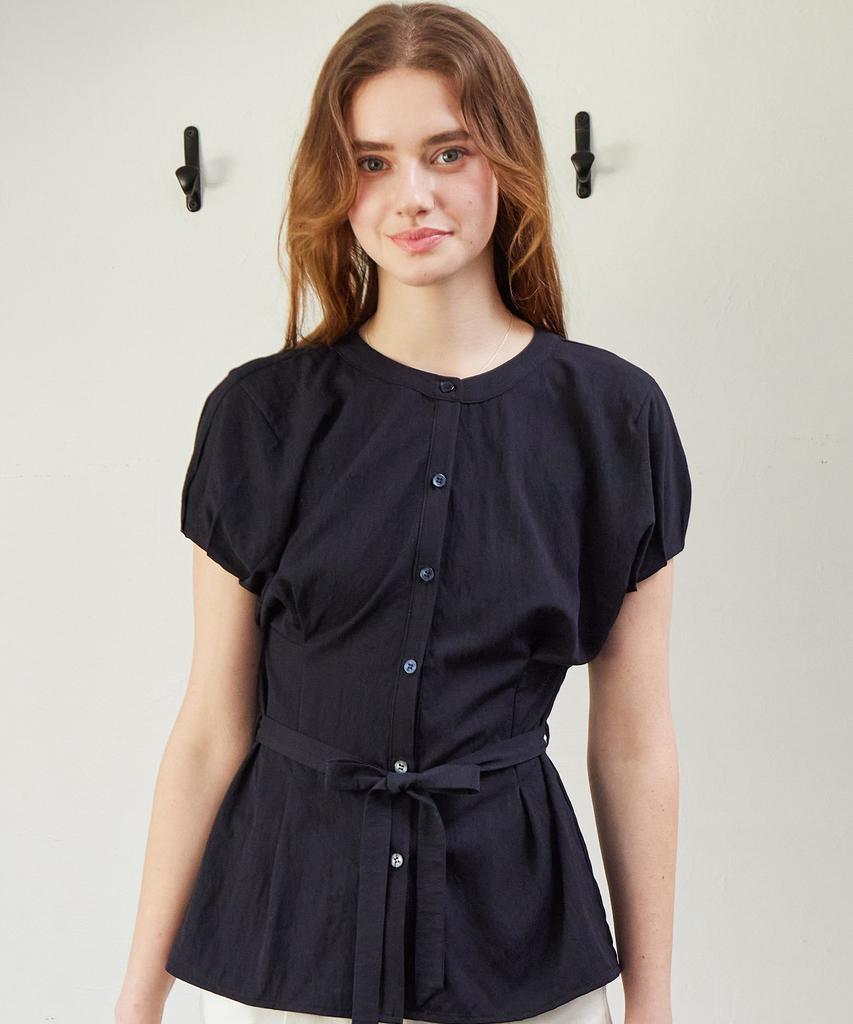 ITOV SEOUL Cocoon Sleeve Belted Blouse Navy