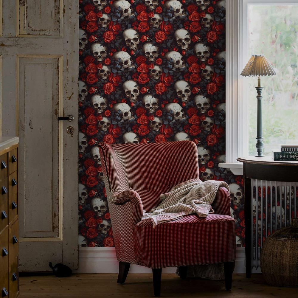 1pc Dark Style Rose and Skull Wallpaper Vintage Floral Peel and Stick Wallpaper Self-adhesive Wallpaper Removable Waterproof Wall Stickers