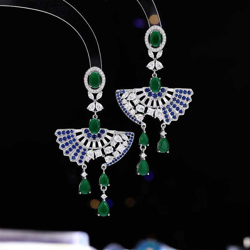 Light Luxury Heavy Industry High-end Earrings New Chinese Style Retro Folding Fan Shape Water Drop S925 Silver Needle Zircon Earrings 2026