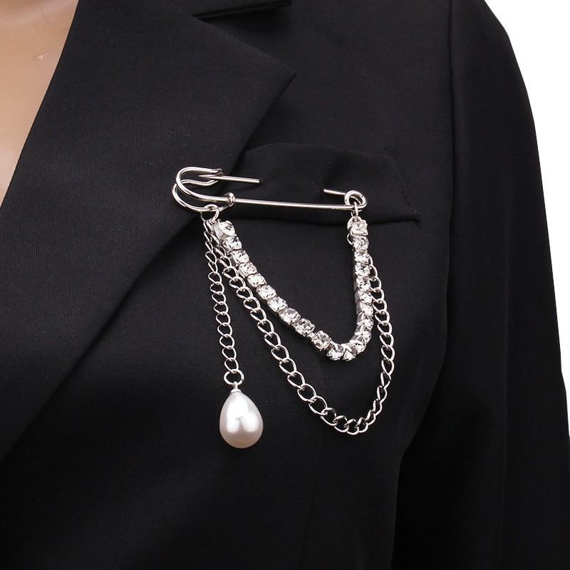Hip Hop Trendy Imitation Pearl Tassel Chain Brooches Punk Style Paper Clip Pants Chain Accessory For Men Women