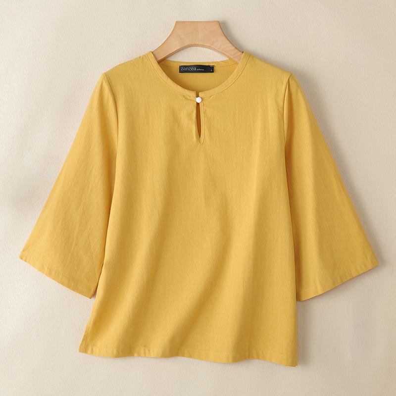 ZANZEA Blusa da donna a maniche 3/4 a girocollo in cotone ampio a tinta unita