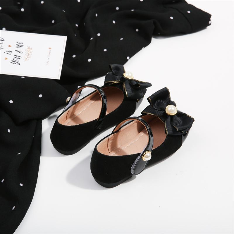 2024 Autumn Girls Shoes Sweet Pearl Princess Casual Leather Shoes Shallow Mary Janes Soft Black Bow Kids Shoes Dress Party Flats