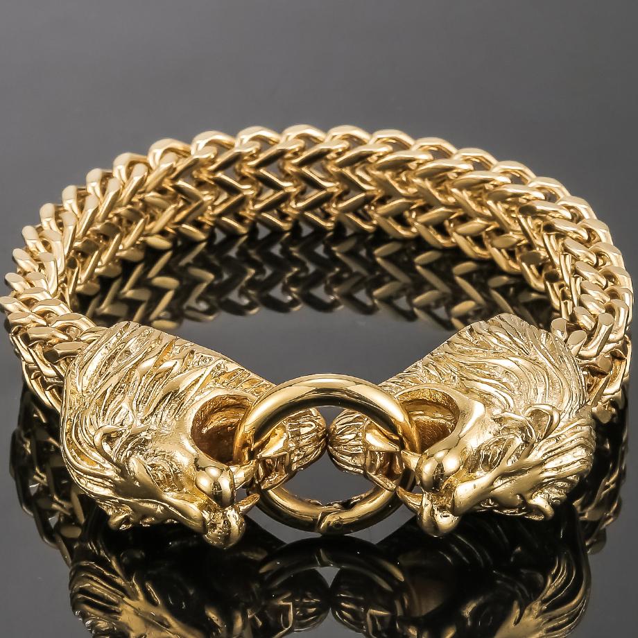 Cool Lion Head Bracelet for Men Figaro Link Chain Mens Cuff Bracelets Heavy Solid Stainless Steel Male Jewelry Bangles