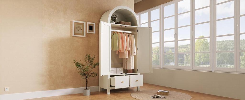 Kleiderschrank 181x78x45 cm mit Rattan-Geflecht, Landhausstil Weiß, Halbkreisförmiges Regal, 2 Türen mit Magnetverschluss, 2 Schubladen, Kleiderstange, Kippsicherung