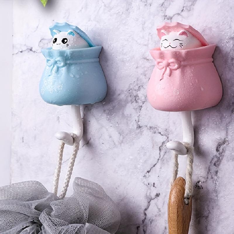 4pcs Cute Cartoon Cat Retractable Hooks,No Drilling Required, Strong Adhesive Wall Hooks for Kitchen, Bathroom, Office,Durable Plastic with Keychain,