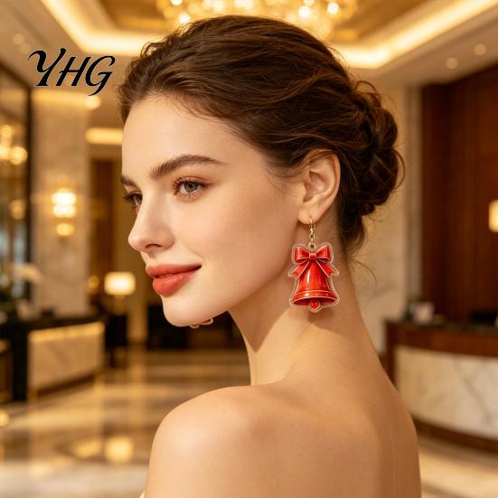 Unique Christmas Stocking Stuffers 1 Pair 2D Acrylic Bell Dangle Earrings for Women, Cute Red Holiday Jewelry Party with Bow, Gifts Xmas Accessories