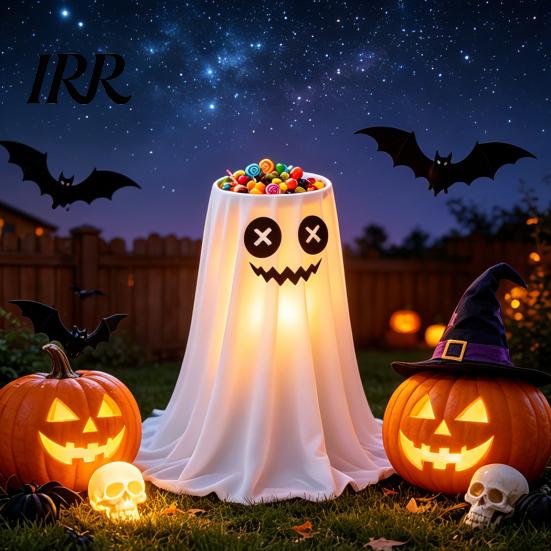 Trick or Treat Candy Table Halloween Decoration with 8-Mode Remote Control LED Light, Ghost Bowl Holiday Storage Tripod Stand, Cute Holder