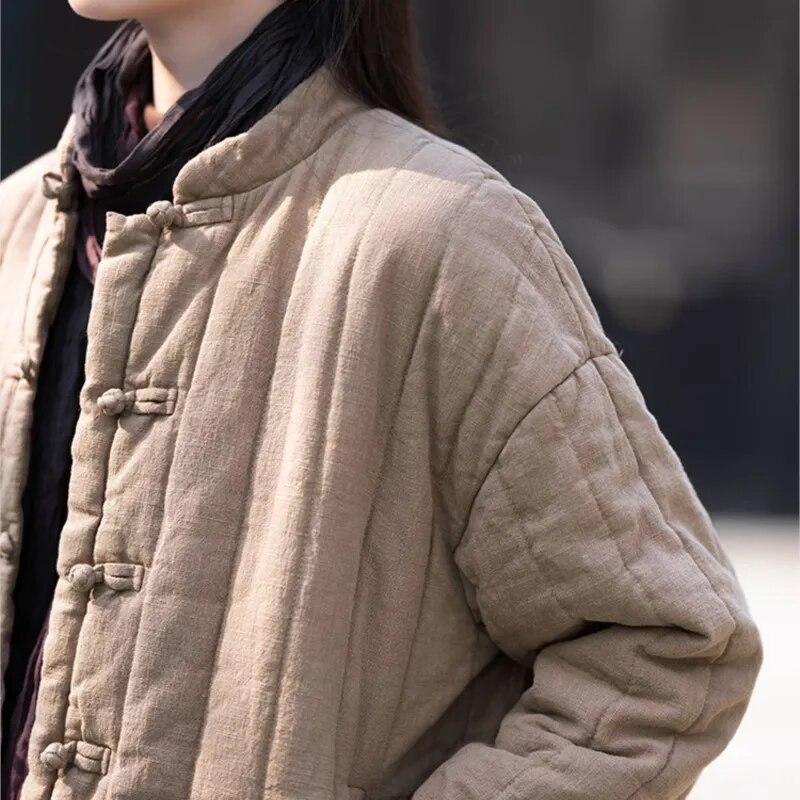 Johnature Women Chinese Style Parkas Solid Color Stand Long Sleeve Winter Coats Button Plus Cotton Warm Parkas