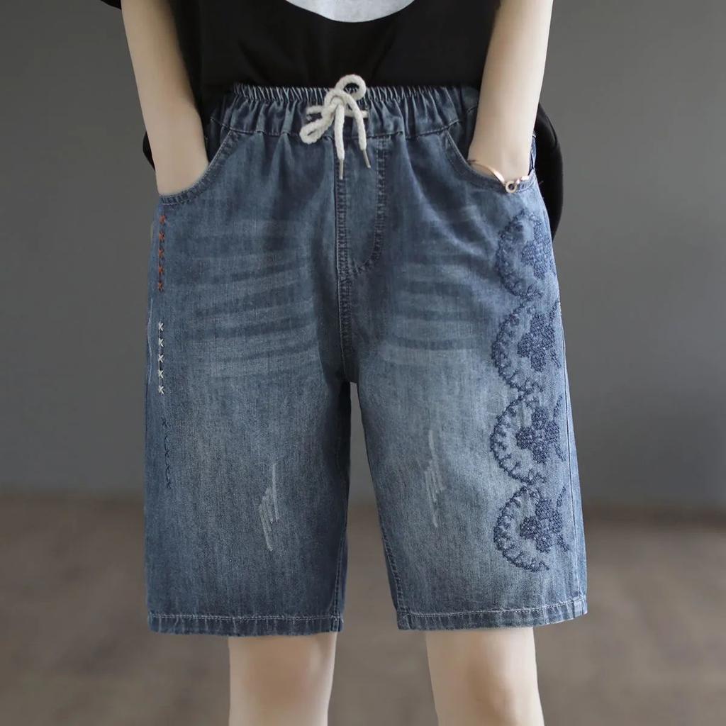 Vintage Style Big Pocket Denim Shorts Female Summer Fashion Embroidery Casual High Waist Short Pants Women 2025