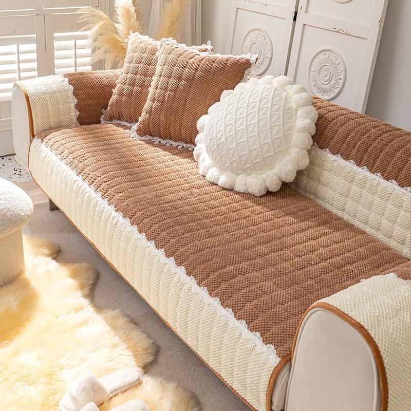 Sofa Cushion Plush Luxury Wind Four Seasons General Simple Modern Non-slip Houndstooth Mat Autumn and Winter Cushion Cover.