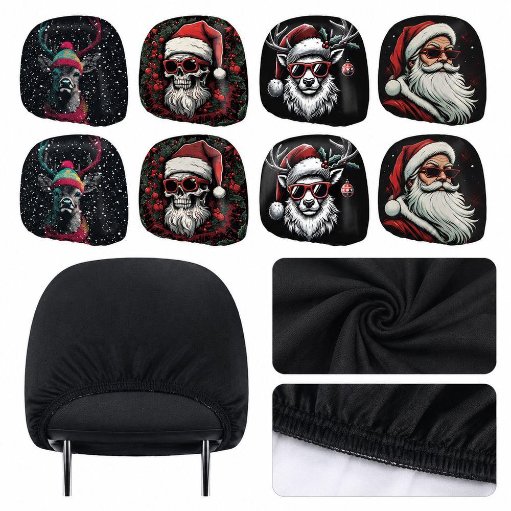 2PCS Santa Claus Print Car Seat Headrest Cover Auto Headrest Cover Set Car Interior Decoration