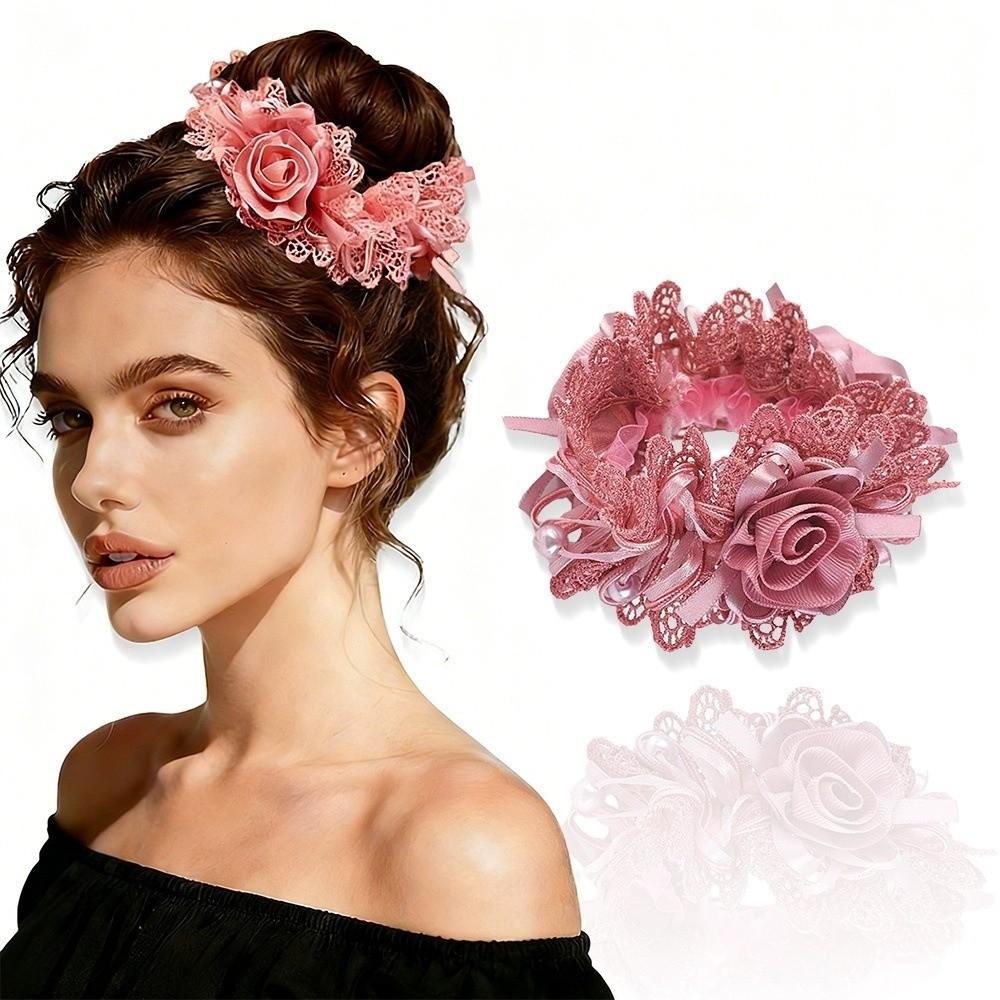 Polyester Flower Embroidered Hair Scrunchies Fabric Bow Hair Accessory Elegant Lace Hair Tie Girl