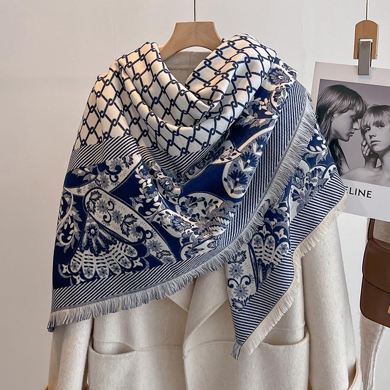Luksusowy Damski Szalik Kaszmirowy - Ciepły Zimowy Frędzlowy Pasek Wzory Szal Pashmina, Foulard & Poncho