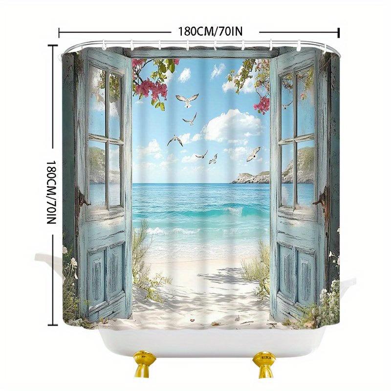 Coastal Beach Shower Curtain Turquoise Waves Seagulls Pink Flowers Polyester Machine Washable with 12 Hooks for Bathroom Decor