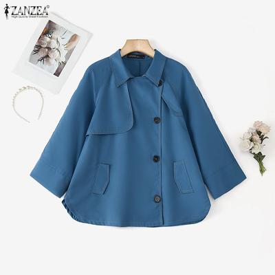 Women Casual Turn Down Collar Loose 3/4 Sleeve Plain Blouse
