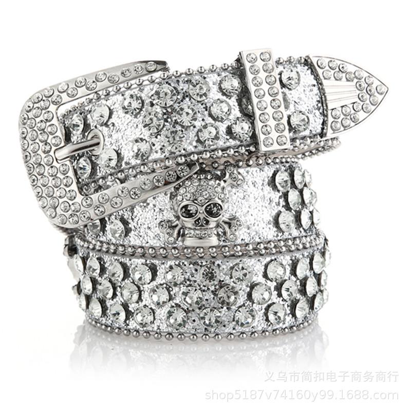 Women's Rhinestone Skull Leather Belt - European & American Style, Extended Waist for Denim & Outdoor Wear