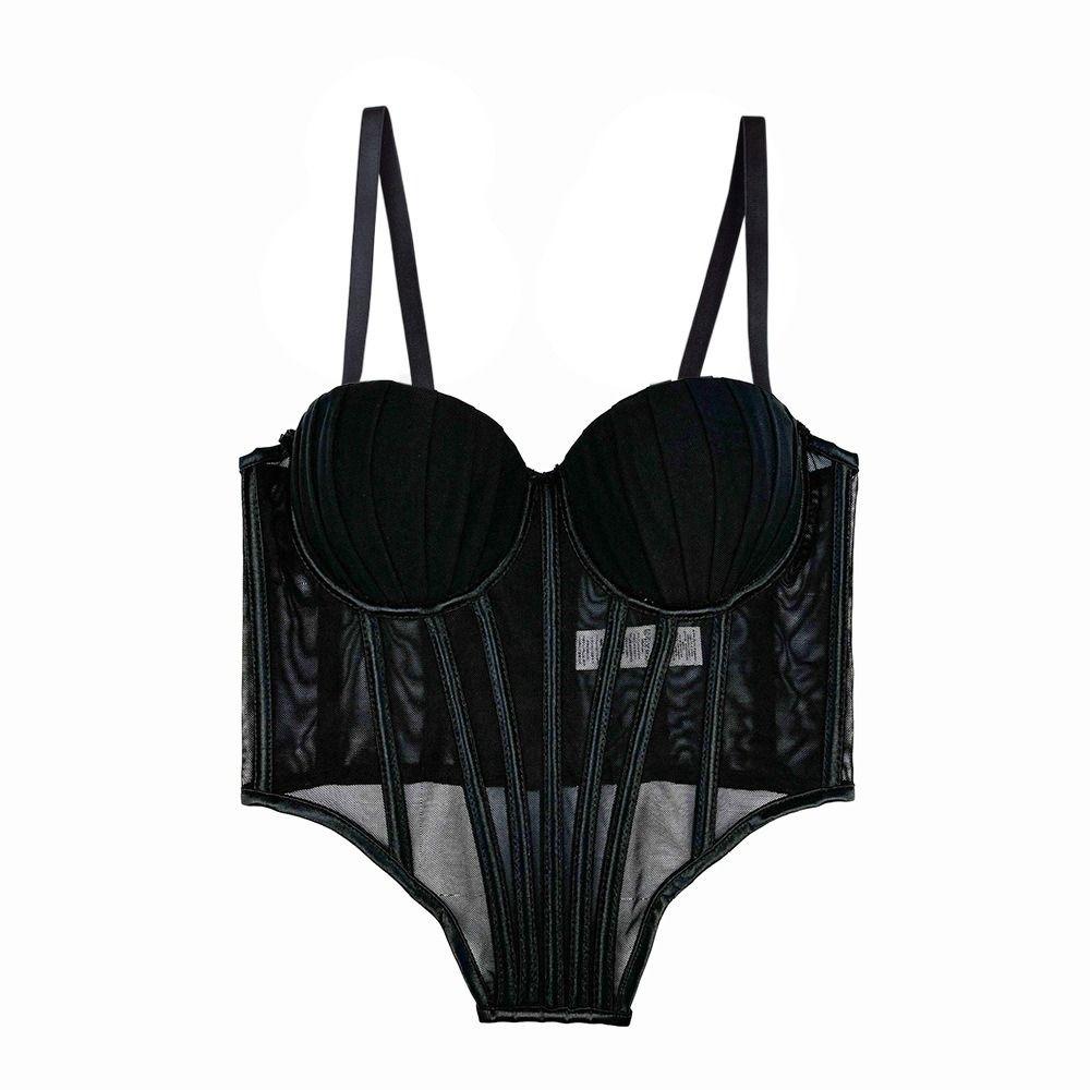 

Прозрачная майка на бретелях, облегающий топ на бретелях, эластичный сетчатый корсет, весна-лето M чёрный