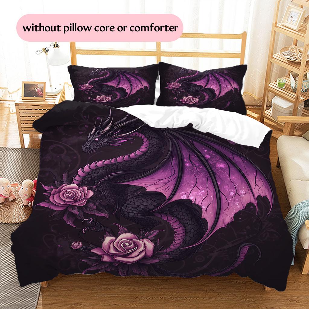 Fialový drak Vzor Povlečení Přikrývka Sada Povlak na přikrývku Povlak na polštář Domácí dekorace Dárek (1 * povlak na peřinu + 2 * povlak na polštář, bez jádra)