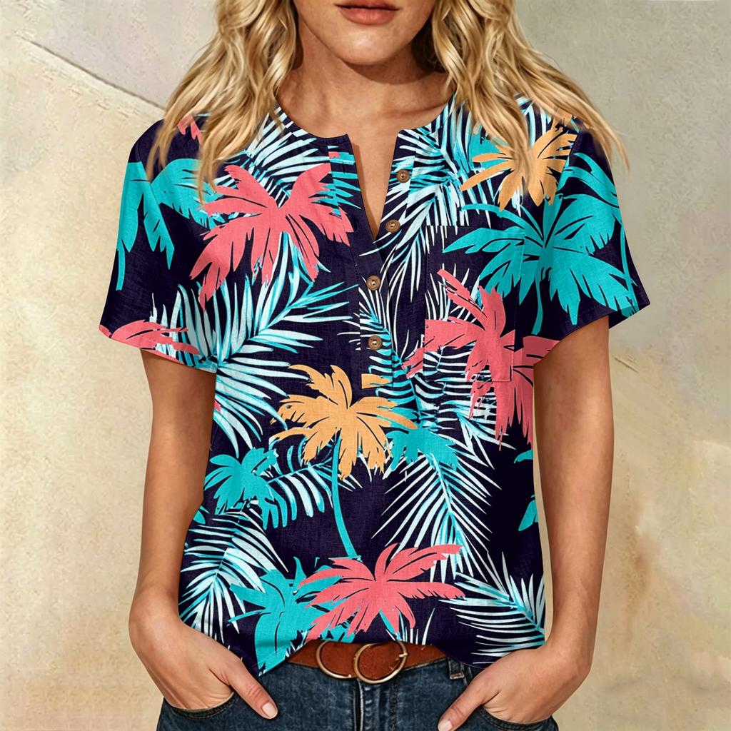 Damen Kurzarm Henley-Hemd mit Brusttasche Leichte Baumwoll-Leinen-Mischung Tropischer Print Lässiges Sommeroberteil