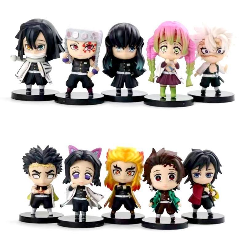 10pcs/set Anime Kamado Tanjirou Q Version Tomioka Giyuu Kyoujurou Sitting Model Muichirou Kanroji Figure Toy