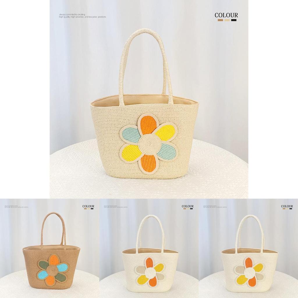 Simple Flower Color Blocked Pattern Women Large Capacity Woven Tote Bag For Summer Casual Use