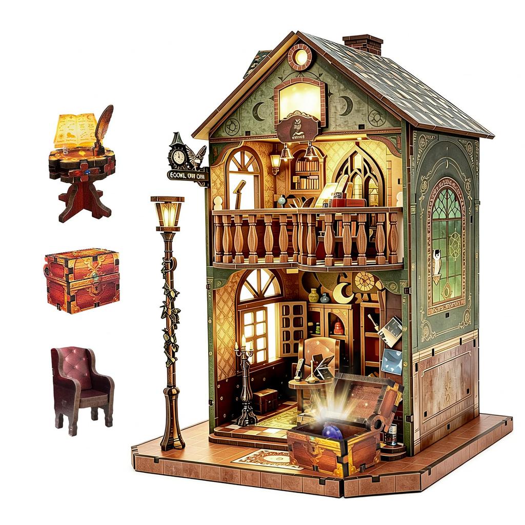 DIY Book Nook Kit Miniature House with LED Lights 3D Wooden Owl Library Design Bookshelf Inserts Assembly Model Craft Kit for Adults & Teens Interior