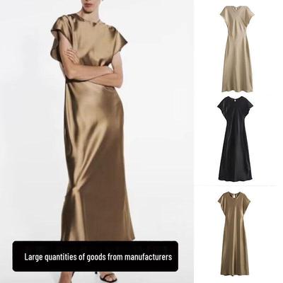 Robe midi satinée sans manches à col en V style européen et américain 2026