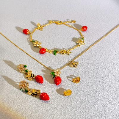 Stylish Sweet Enamel Zircon Strawberry Flower Bee Snail Stitch Earrings Necklace Bracelet
