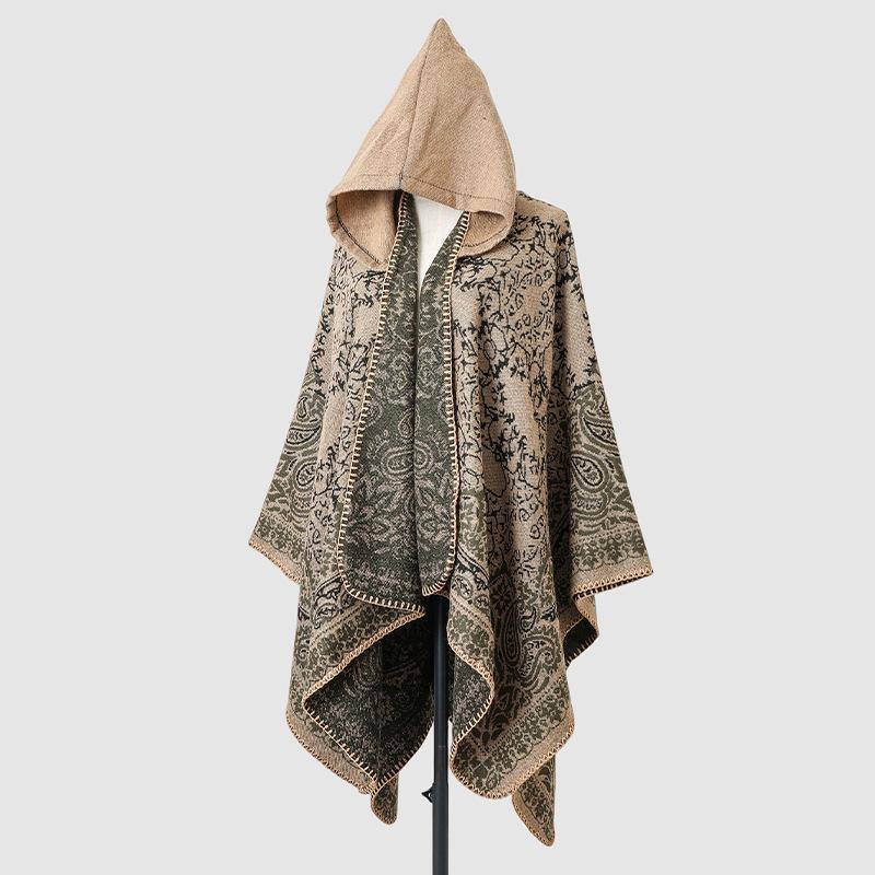 Winter Women Scarf Layers Poncho Hooded Elegant Lady Retro Boho Print Wraps Shawl Casual Scarve Capa Para Mujer Pashmina Cloak