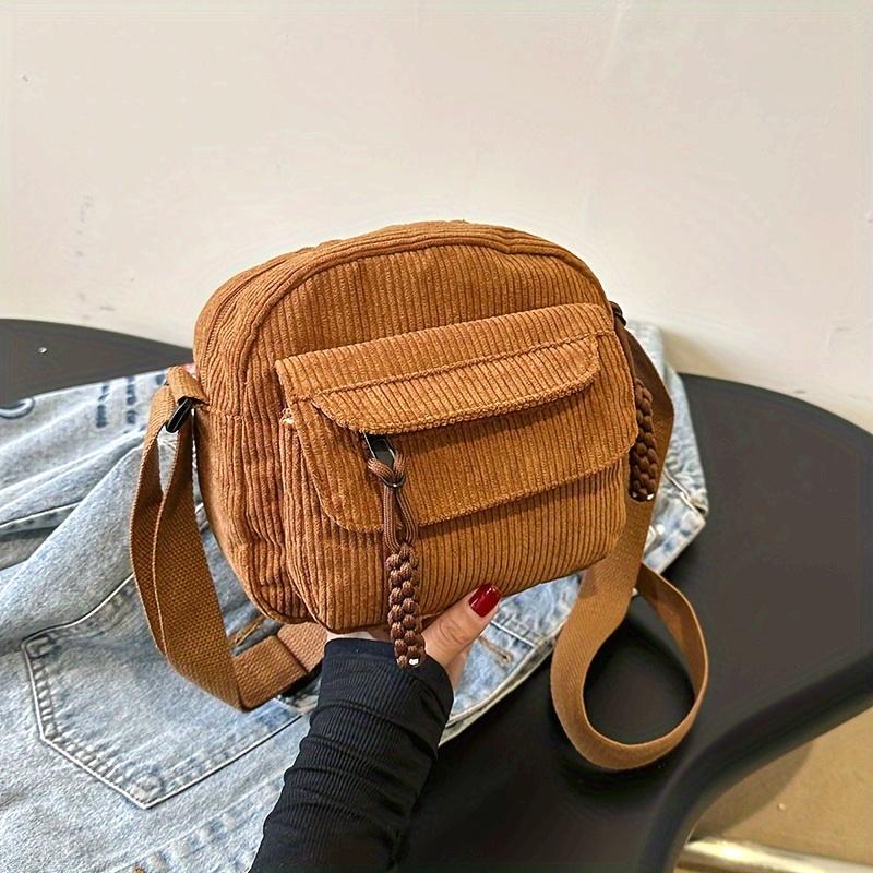 Vintage Harajuku Corduroy Crossbody Bag for Women, Casual Japanese Style Shoulder Handbag with Zipper Closure, Solid Color, Polyester Lining