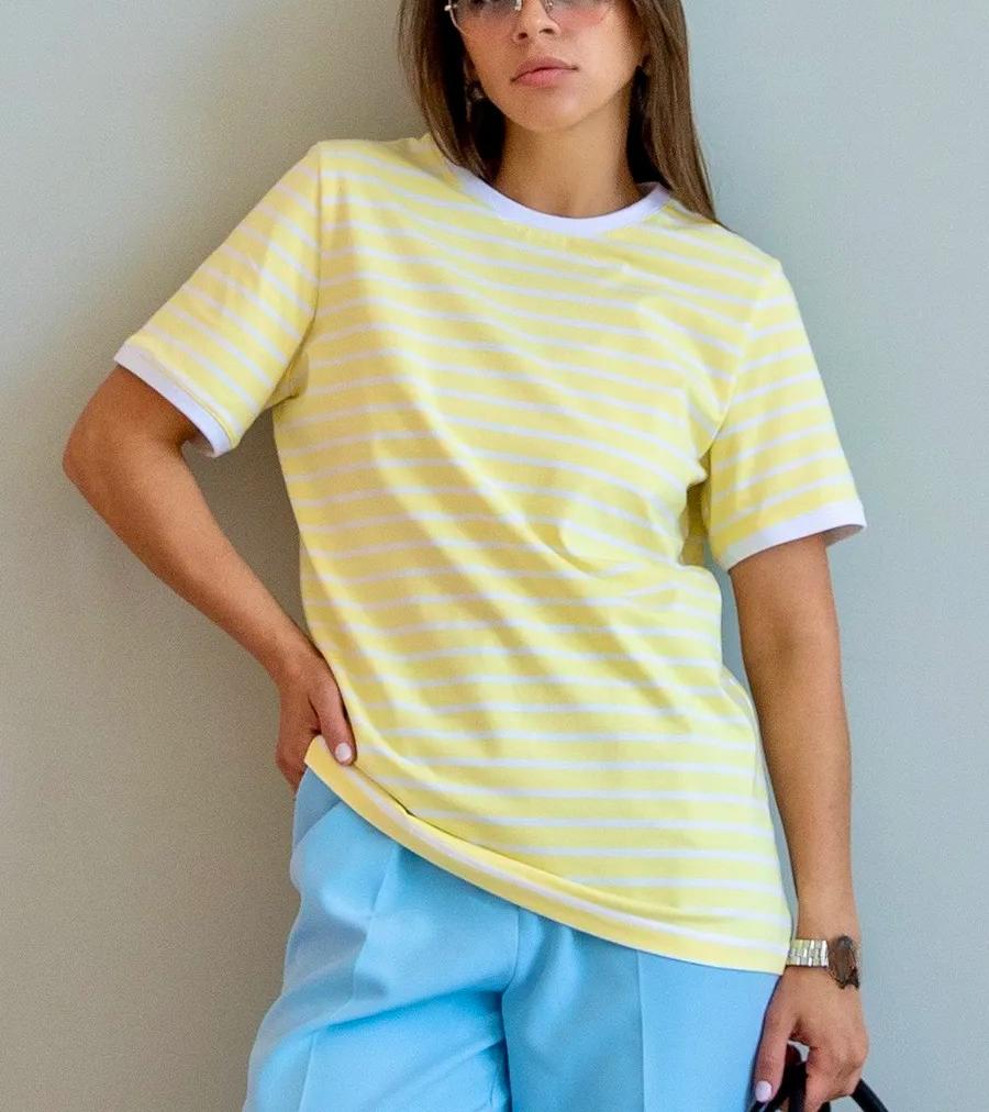 Women Striped Printed T-Shirt Round Neck Loose Short Sleeved Fashion Simple Commuting Casual Short Sleeve Tops Tee Streetwear S