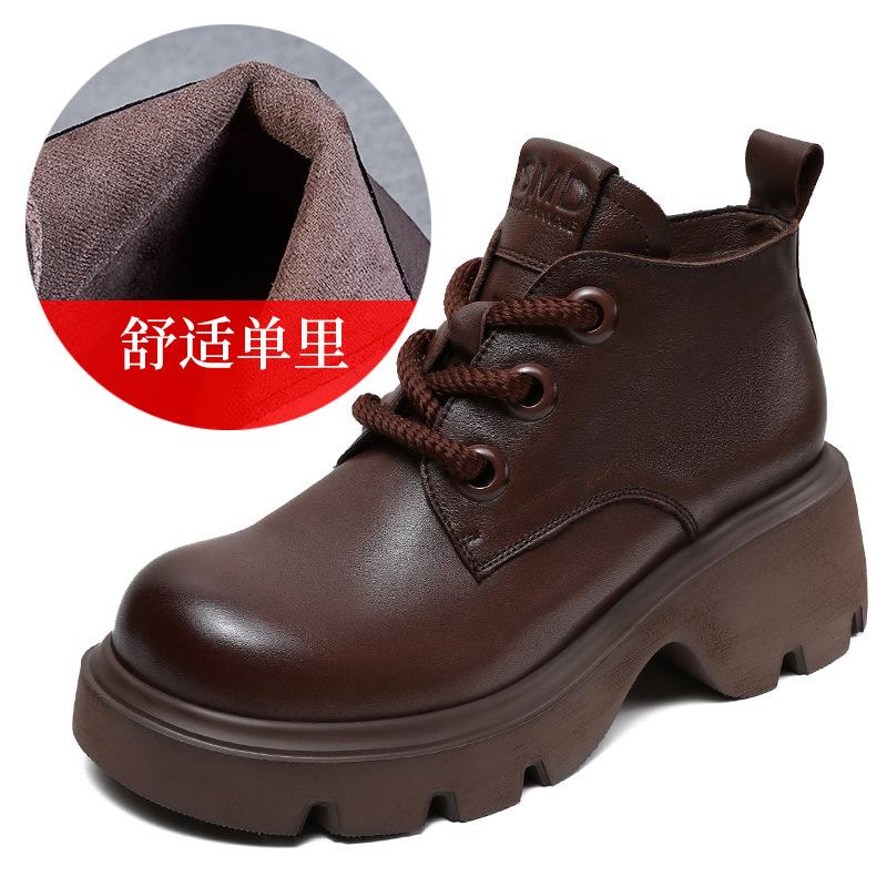 Leather high-top women's shoes spring and autumn new thick-soled heightening fashion lace-up short boots British retro style and ankle boots