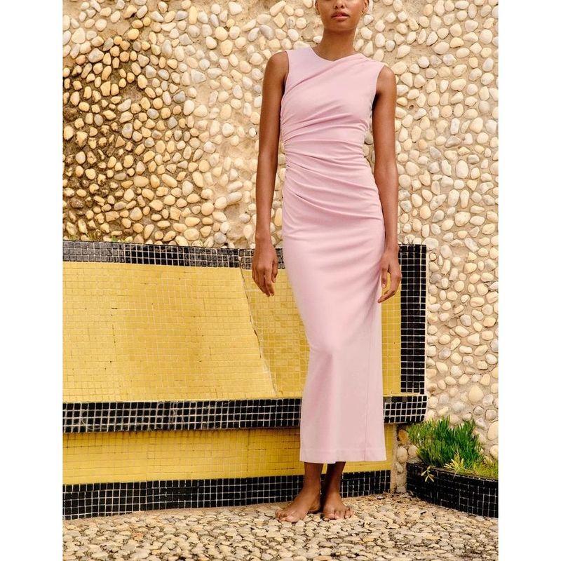 Spring New Arrival French Style Slim-Fit Evening Dress Round Neck Sleeveless Ruched Decoration Midi Skirt Dress 8312478