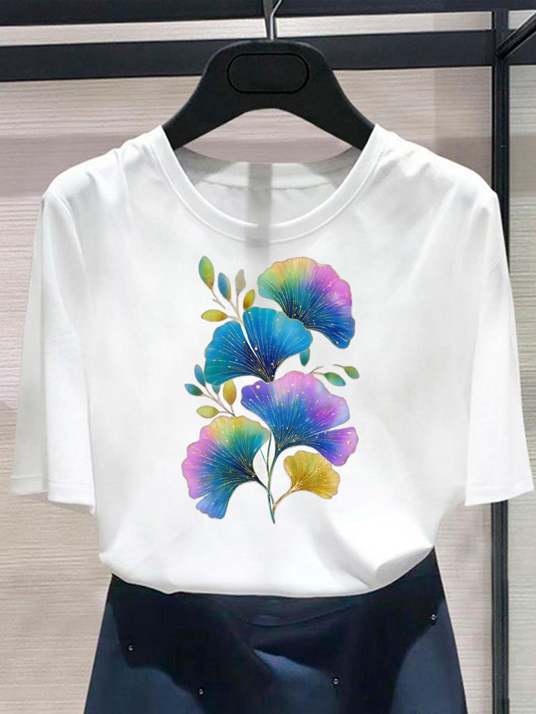 (Asian Size) Lovely Flower Trend Women's Top Print O-neck Casual T Fashion Female Clothing Graphic Tee Short Sleeve T-shirts