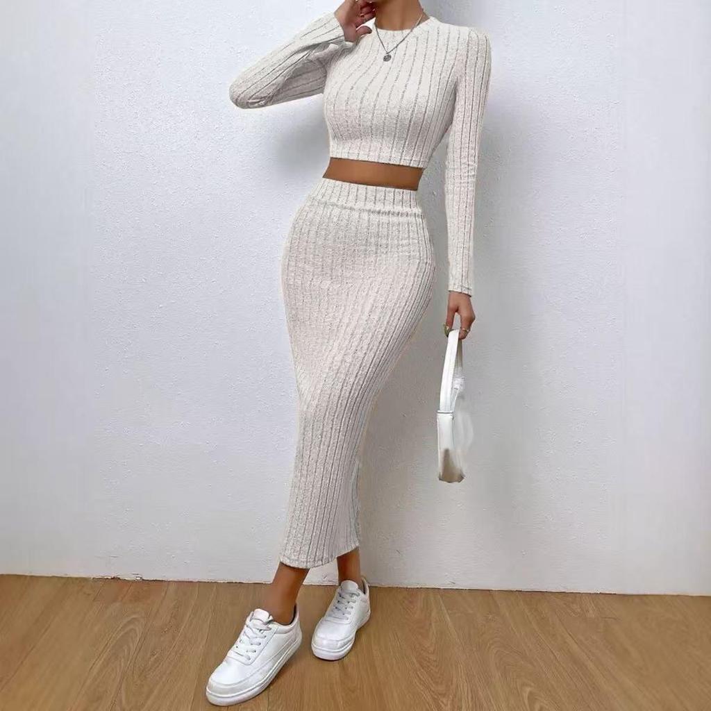 Žebrovaný pletený sladěný set Dámský crop top s dlouhým rukávem a úzká pouzdrová sukně s vysokým pasem