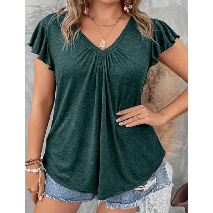 

2026 New Plus Size Women s Summer V-Neck Solid Color Short Sleeve Fashion T-Shirt Top XL зелёный